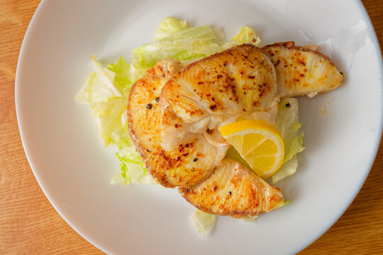 Shark fish meat steak with salad on plate