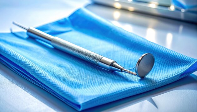 Dental prophylaxis scaler instrument with mirror on blue fabric for oral hygiene examination