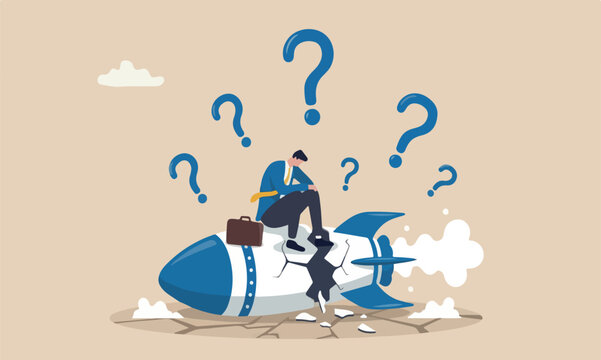 Fail start up business, new business risk or unexpected entrepreneur bankruptcy concept, depressed businessman company owner sitting on crash launching space rocket metaphor new business failure