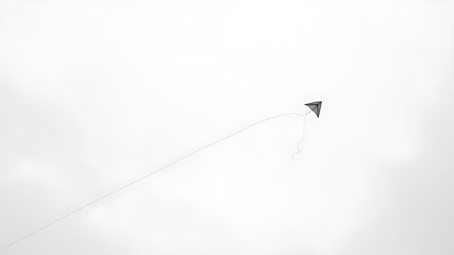 perigee. Broken kite string, kite drifting away in gray overcast sky, minimalist composition. wellbeing guides, coaching materials, designed for mental health education and mindfulness programs.