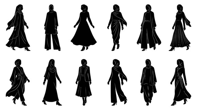 Modest Fashion Muslim Women Silhouettes Vector Collection with Hijab and Abaya