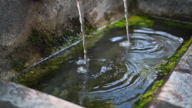 Metallic Faucet Streams Water Over Mossy Stone Basin.