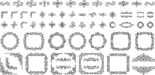 Black swirly line curl set, harmonious blend of shapes and lines for greeting cards. Collection of filigree frame decoration. vector art.  © Aditya