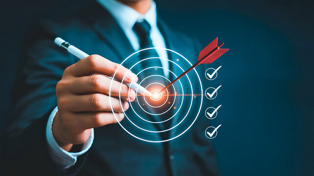 Business professional aiming at target with arrow and checklist indicating success in strategic planning and goal achievement