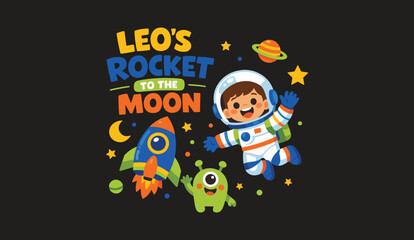 Cute Astronaut Boy Space Adventure Illustration for Kids T-Shirt and Book Cover. © Majbha