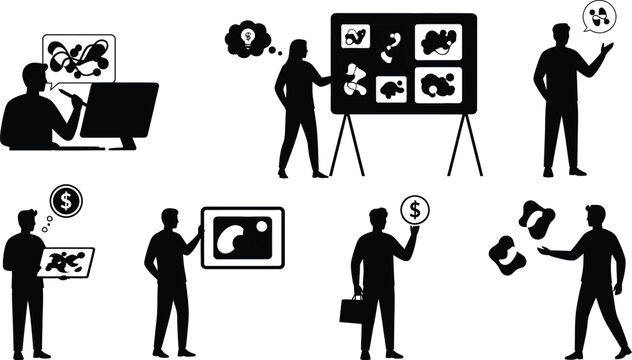 Illustrated microstock contributors working together isolated on white background, Vector