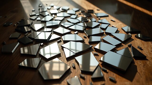 superego. Broken mirror pieces scattered on floor reflecting distorted surfaces. wellbeing guides, coaching materials, designed for coaching and self-improvement content, clarifies learning.