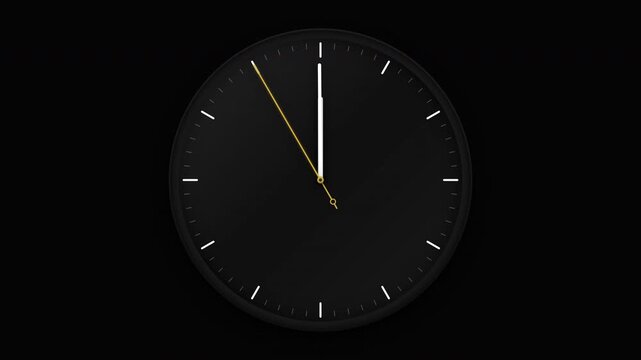 Minimalist analog clock ticking to twelve o'clock against a black background