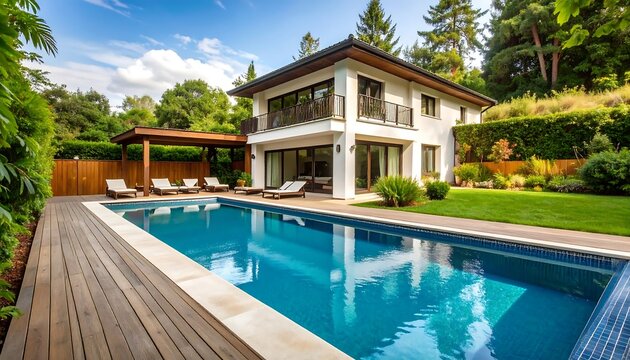 Modern two-story house with a pool and outdoor lounge