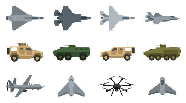Military and Defense Flat Icons Set: Fighter Jets, Armored Vehicles, Drones Collection