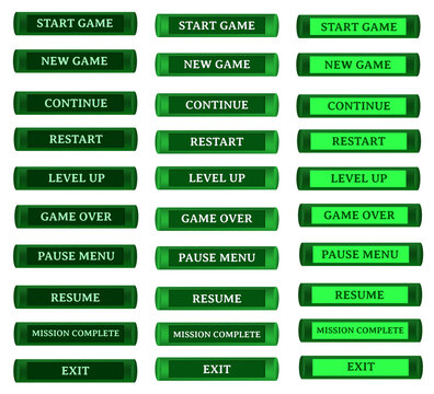 Green Gradient 3D Capsule Tube Game UI Button Set Start Game New Game Continue Restart Level Up Game Over Pause Menu Resume Mission Complete Exit, 3D Glossy Pill Cylindrical Rounded Interface Elements