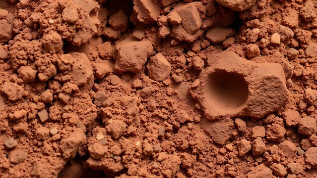 bauxite. Extreme close-up of the porous, granular texture of reddish-brown bauxite ore. safety posters, maintenance manuals, designed for industrial assembly lines and welding operations.