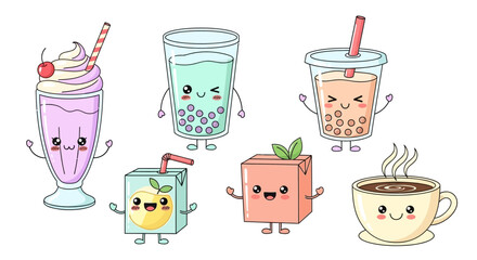 Animated kawaii-style drinks are arranged on a white background, including a milkshake, bubble tea, juice box, and coffee, presented in a cute, cartoonish style with smiling faces © NanzZ