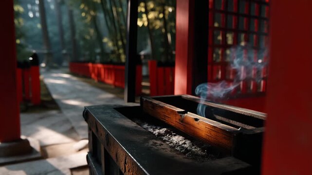 Incense smoke rises through beams of dusty light in empty Shinto shrine, wooden offering box sits before vermillion torii gate, stone lanterns line path disappearing into bamboo fo