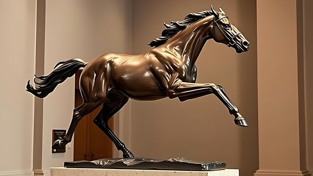 racehorse. Bronze statue of a galloping racehorse on a stone pedestal. event programs, museum guides, designed for cultural heritage projects and event programs, supports education.