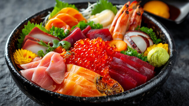 Delectable chirashi don bowl with assorted seafood and roe japanese food raw fish