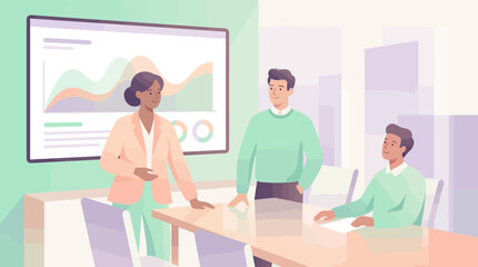 Fototapeta premium Stressed businesswoman giving a presentation in a hybrid office, burnout flat vector illustration.