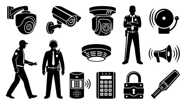Security System Icons: Surveillance Cameras, Guards, Alarm, Lock, Metal Detector