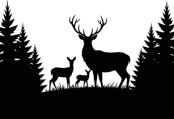 Naklejka premium Silhouette family of deer standing in grassy field with pine trees on a white background