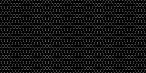 Naklejka premium Dark grey abstract wide horizontal banner with hexagon carbon fiber grid and orange luminous lines. Technology vector background with orange neon lines