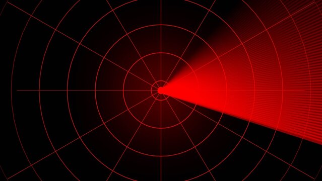 Red radar screen with concentric circles and a sweeping red beam on black background