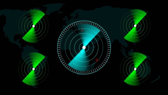 Stylized radar display with central teal sweep and four green satellite radars over dark world map background