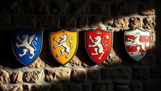 shields. Four distinct heraldic shields with animal emblems mounted side by side on a stone wall. event programs, museum guides, designed for cultural heritage projects and event programs.
