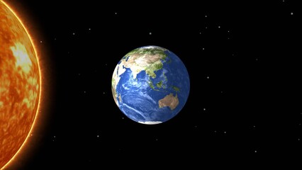 Obraz premium Bright sun at left and earth floating in space on right against starry black background, view shows asia and australia continents, realistic space scene