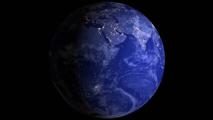 View of earth from space at night showing illuminated city lights across asia, africa and the indian ocean with blue atmospheric glow © Aklima