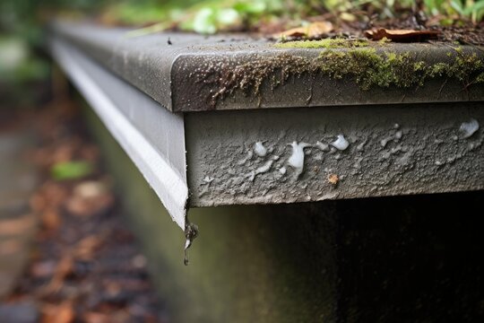 Water dripping from a dirty gutter with moss and plants growing on a roof, indicating the need for cleaning and maintenance