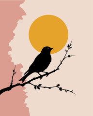 Obraz premium Silhouette bird perches calmly on slender branch. Sun rises softly behind its form, casting warm glow. Pink and beige hues create gentle, serene backdrop