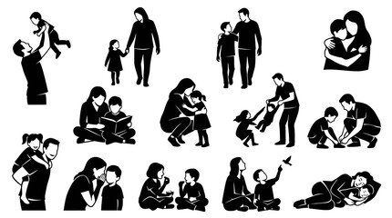 Fototapeta premium Family Silhouettes: Parents and Children Love, Care, Togetherness, Bonding Icons