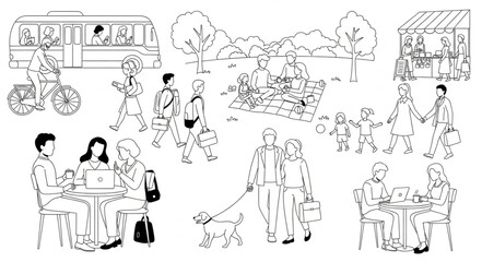 Fototapeta premium People Engaged in Various Outdoor Activities and Social Interactions.