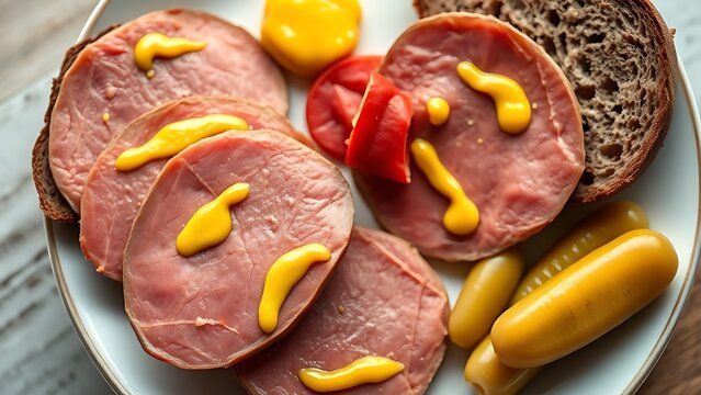 liverwurst. A breakfast plate with liverwurst, mustard, rye bread, and pickled gherkins, overhead view. menu design, packaging mockups, designed for culinary blogs and recipe cards for restaurants.