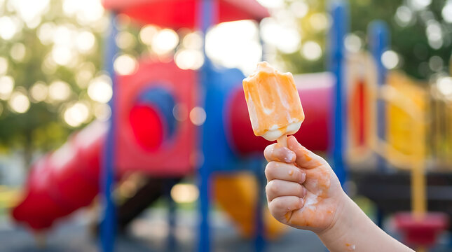 Child's hand holding a melting orange popsicle at a colorful playground on a sunny summer day