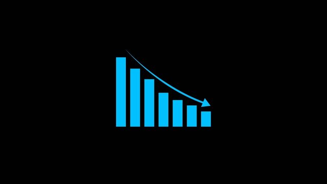 Blue descending bar chart with curved arrow on black background, stylized minimal graphic