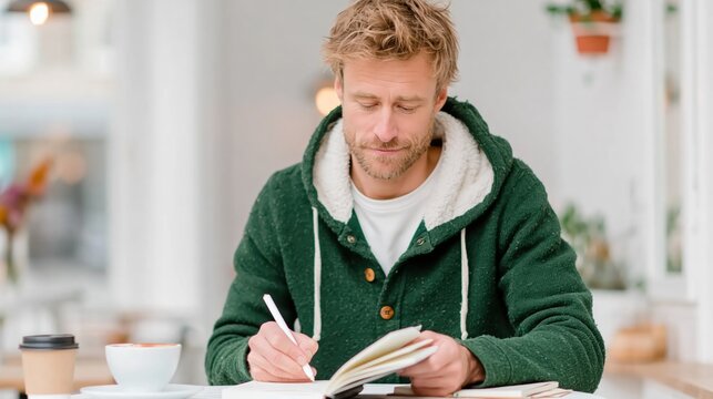 A bearded man in a cozy cafe is writing in his notebook, surrounded by warm colors and inviting decor, reflecting a relaxed and creative atmosphere.