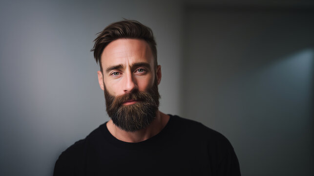 Male 30s man, barber model with full well groomed beard clean edges and dense texture styled hair looking at camera with soft studio lighting. 