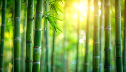 Obraz premium Lush green bamboo forest bathes in the warm glow of sunlight filtering through the dense canopy above