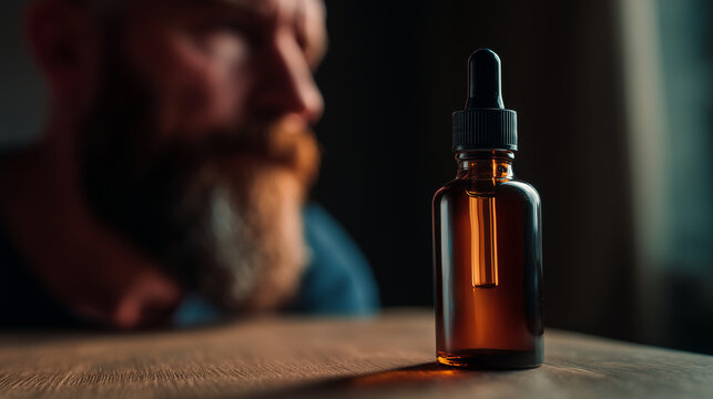 Bottle with dropper for beard and hair growth treatment male grooming product on table with blurred bearded man in background. 