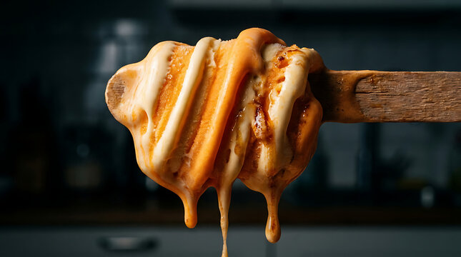 Gooey orange and white cheese melting and dripping off a wooden spoon in a kitchen setting