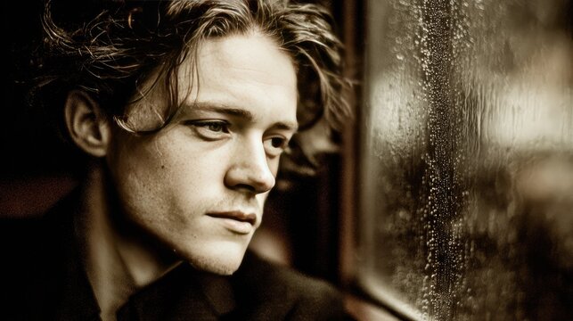 Pensive Young Man Looking Out Rainy Window: Reflective Mood Captured in Artistic Portrait
