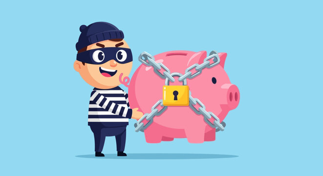 Cartoon thief in mask attempts to steal chained piggy bank