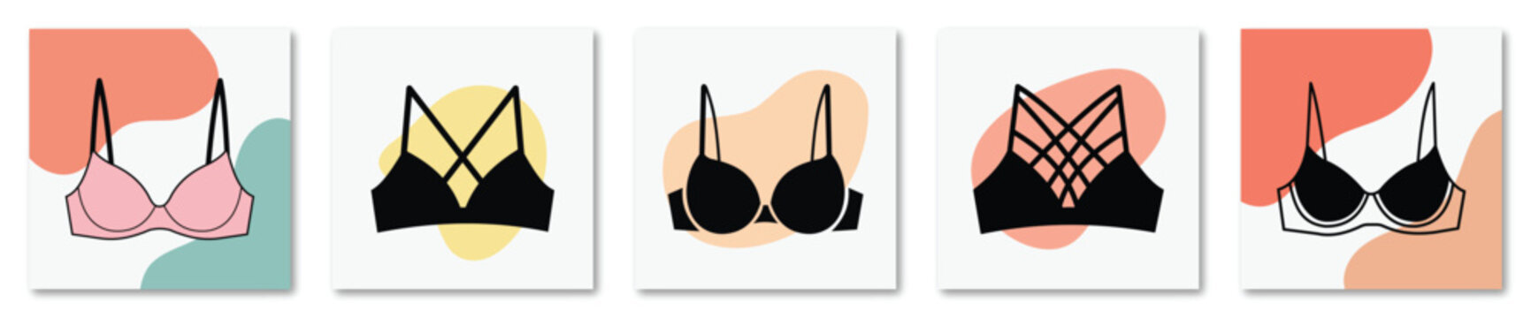 Minimalist flat style collection showcasing five different designs of comfortable womens bras and female underwear lingerie