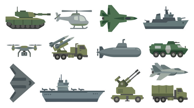 Military Vehicles and Equipment Flat Design Vector Icons Set. Army Transport, Warships, Jets, Tanks
