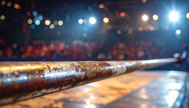 Close-up of a well-worn gymnastics bar in an illuminated arena, ready for athletic performance.