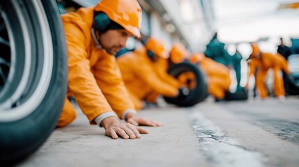 Fototapeta premium A focused team of mechanics efficiently changes tires during a race, showcasing teamwork and precision in a fast-paced motorsport environment.