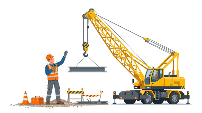 Construction worker operating a mobile crane on a building site