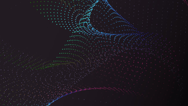 Abstract particles swirl in vivid, glowing hues. Dark background enhances radiant color gradients and motion