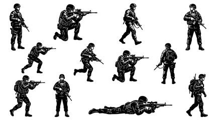 Obraz premium Black and White Silhouette Soldier Art, Military Combat, Vector Icon